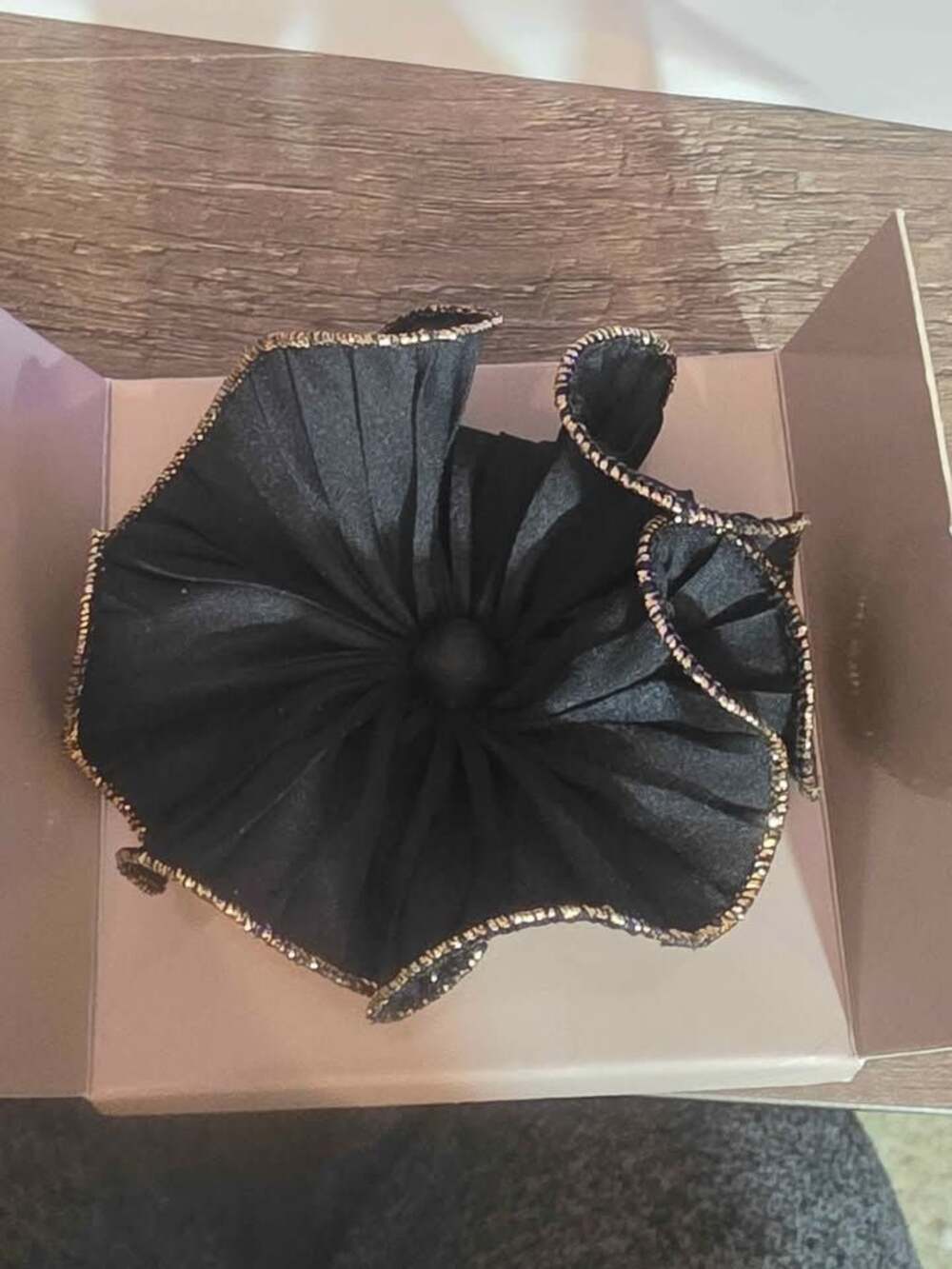 Black Fabric Flower Brooch with Gold Trim
